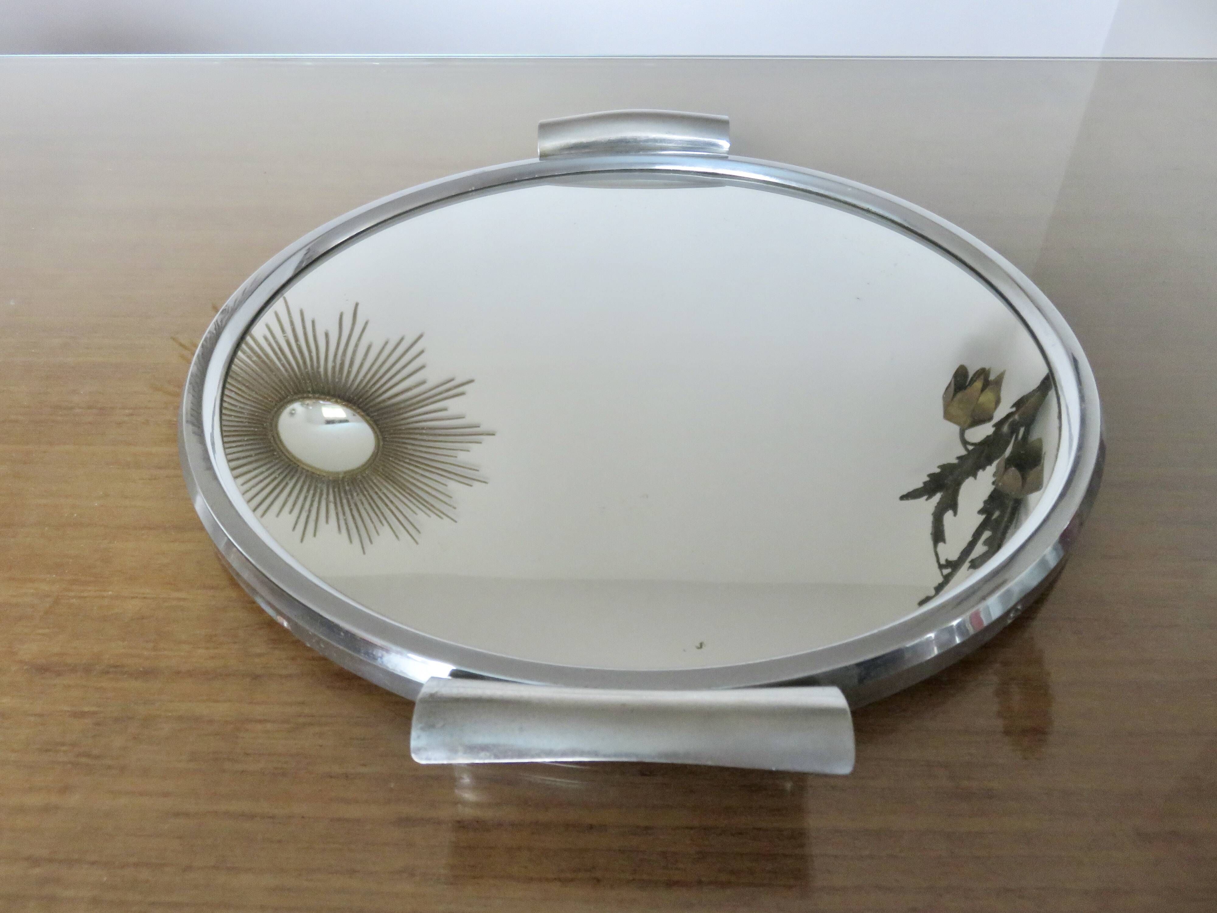 Round mirror tray in chrome-plated brass Art Deco 40s 50s