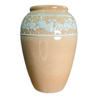 Beige textured ceramic vase with fruit decoration in a raised band, 32cm, numbered