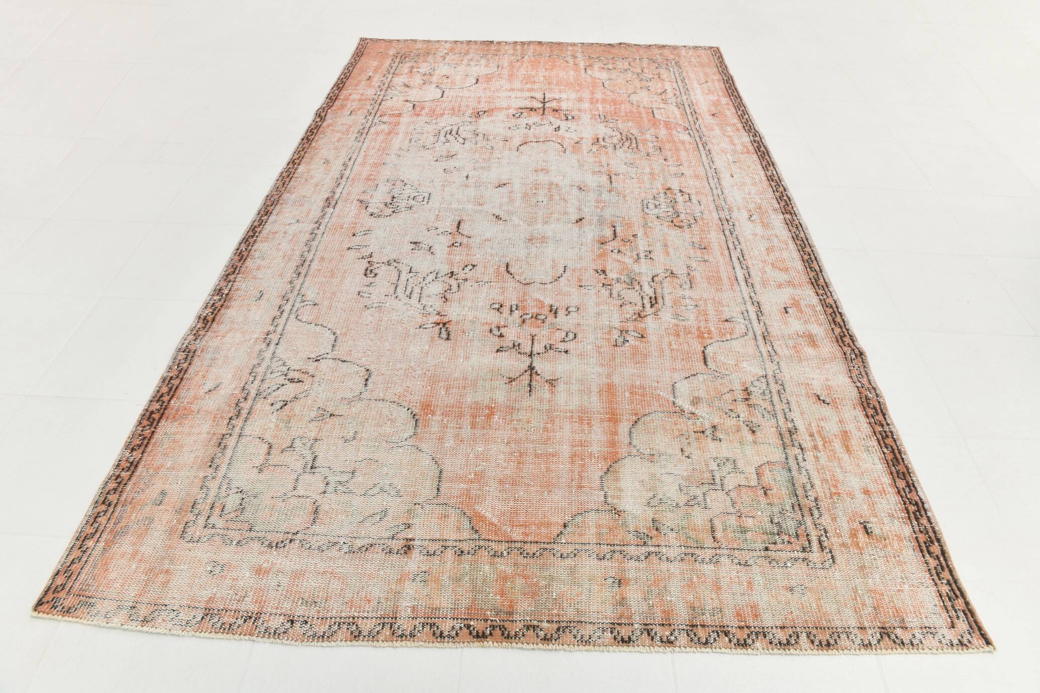 Blush Pink Muted Turkish Vintage Handmade Wool Carpet Rug, 191x316 Cm