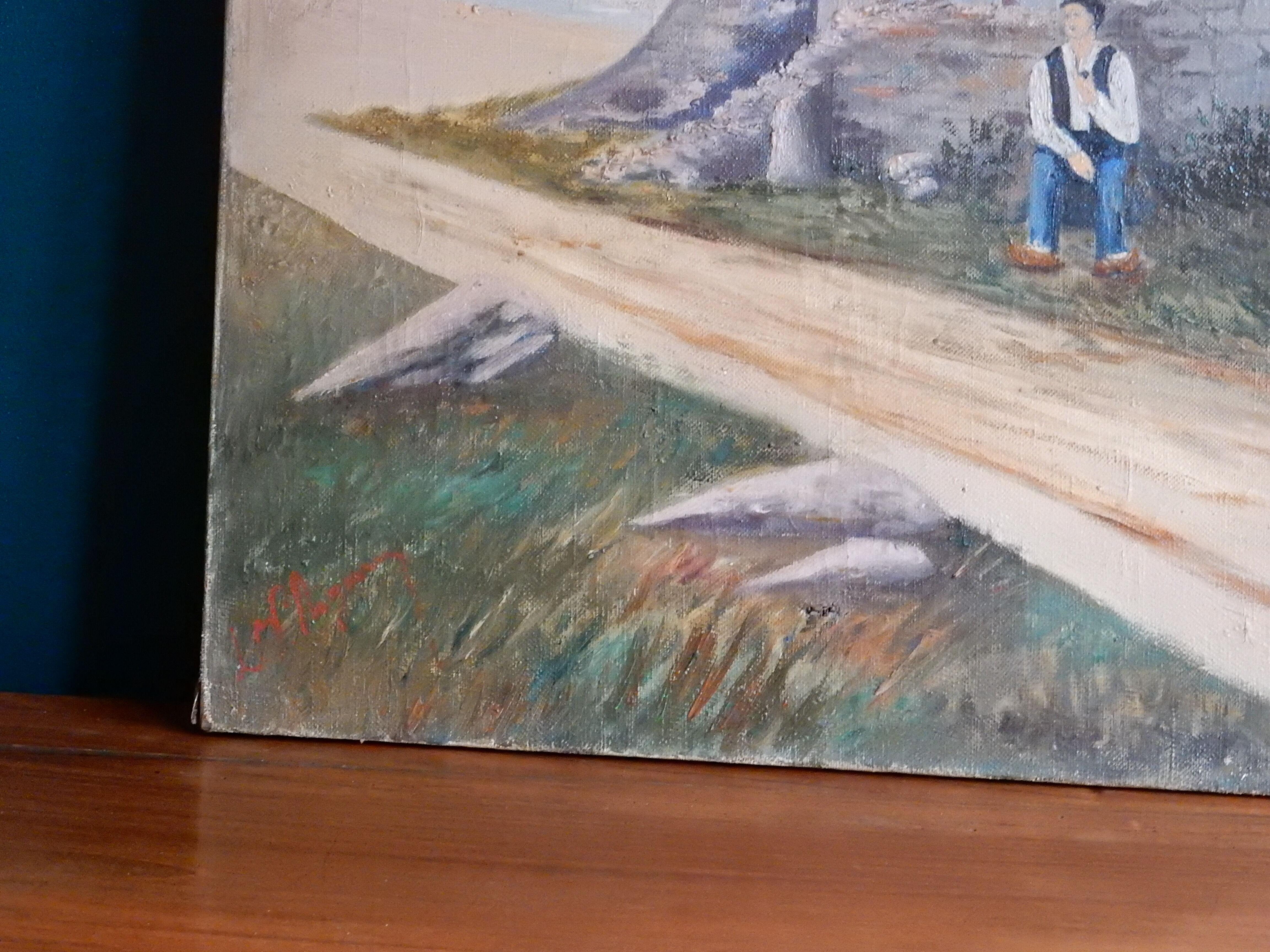 Tableau peinture ancienne homme bord de mer