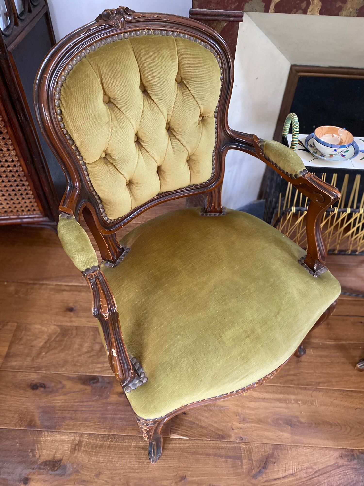 Cabriolets or Bergère armchairs Louis XV style in light green upholstered velvet