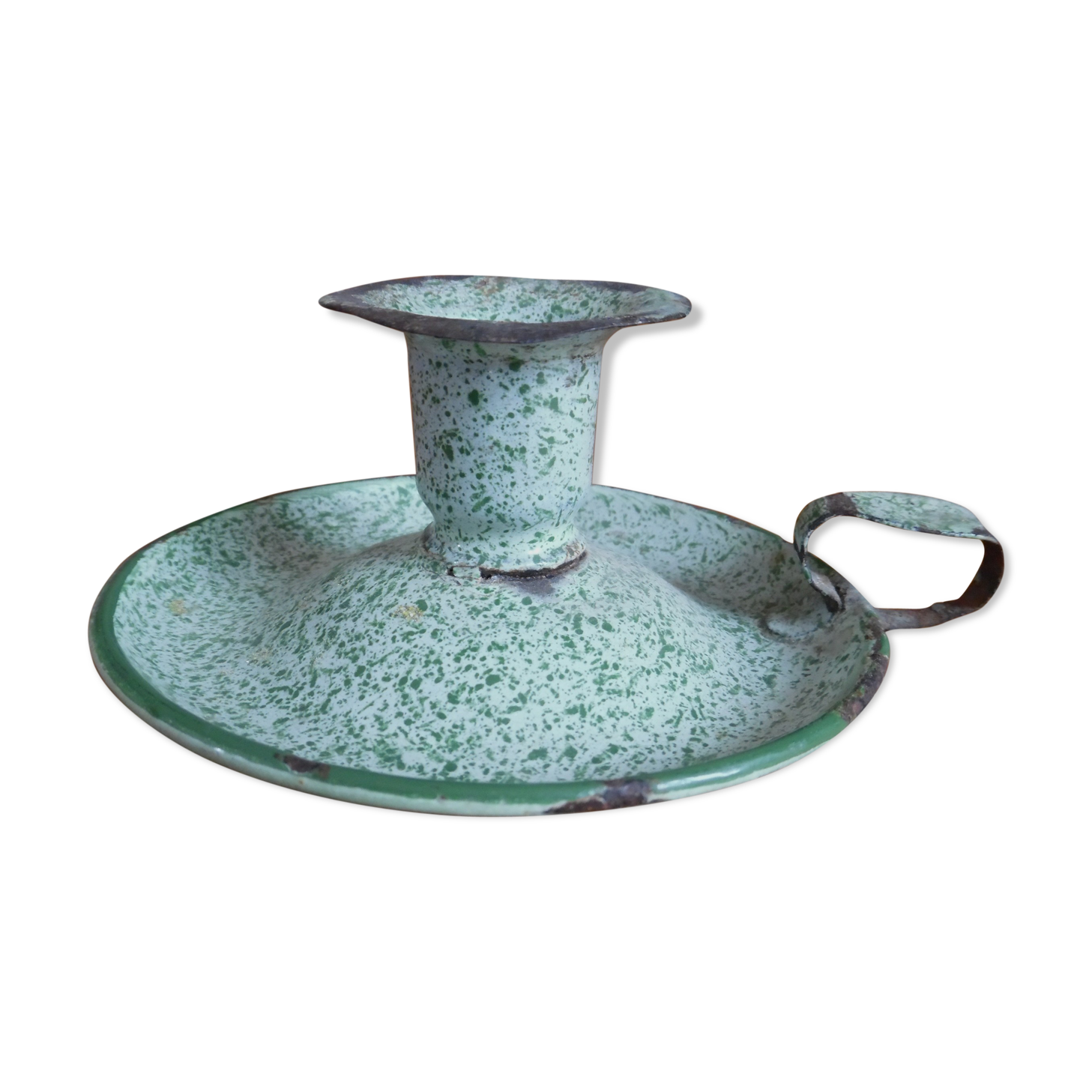 Bougeoir en tôle émaillé vert chiné