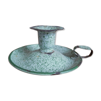 Mottled green enameled metal candleholder