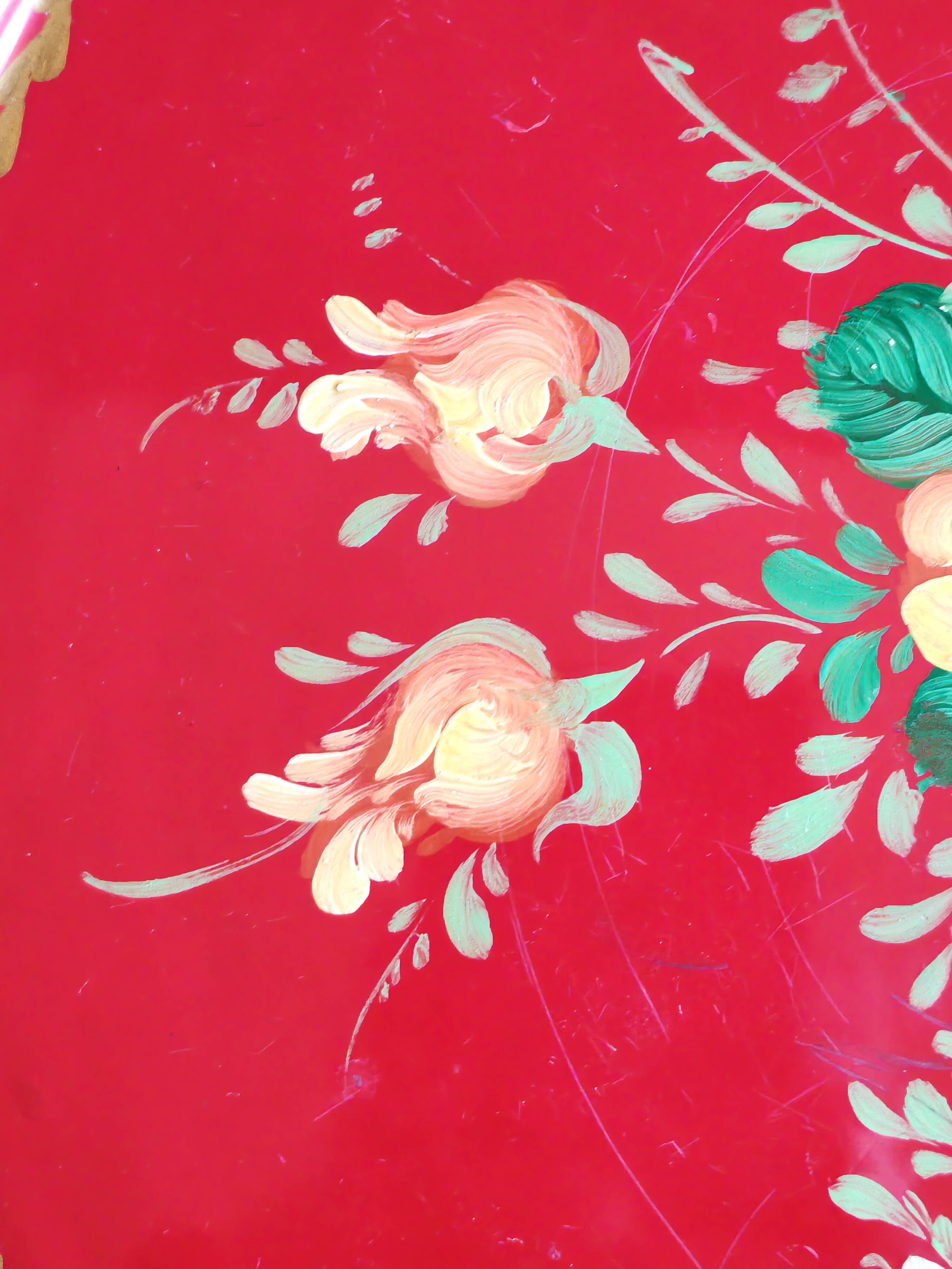 Old Red Plate Signed - Hand-Painted Floral Decoration