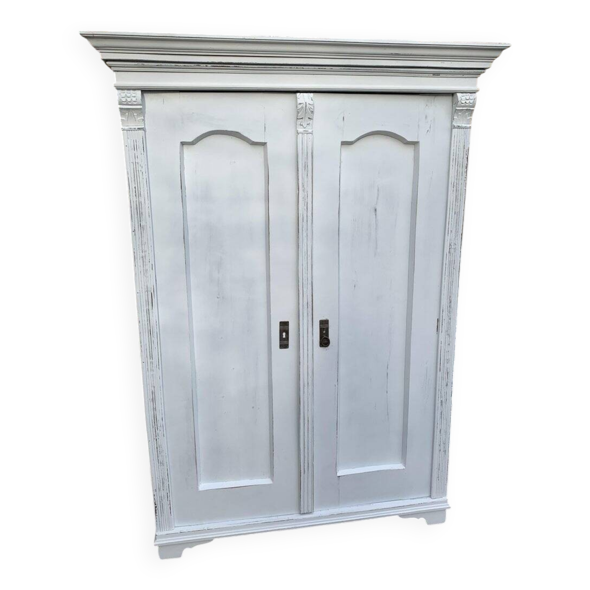 Vintage two-door wardrobe in painted white wood — late 19th century Hungarian style.
