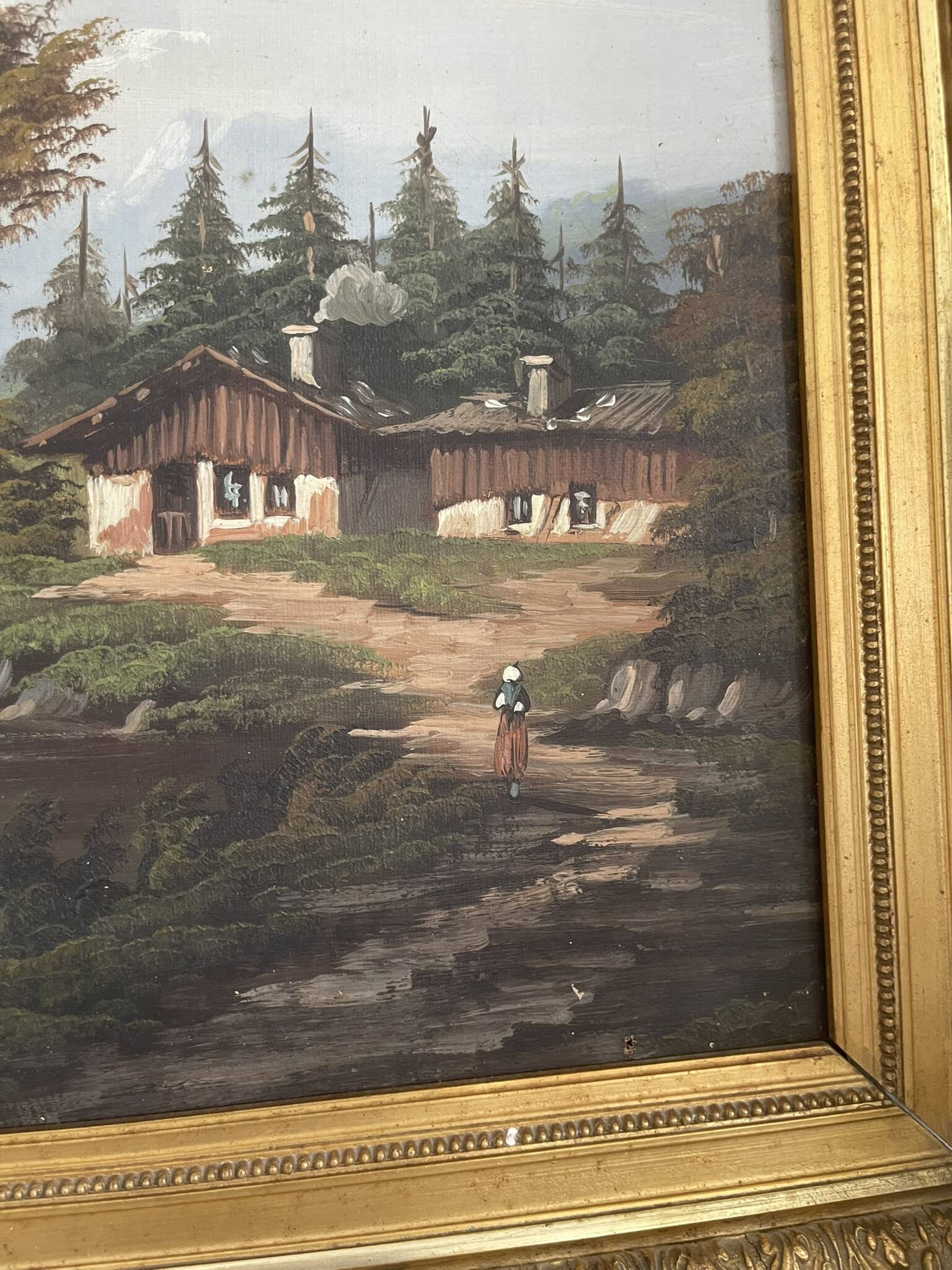 Old Oil Painting Canvas Swiss School Mountain Lake Shepherd Signed