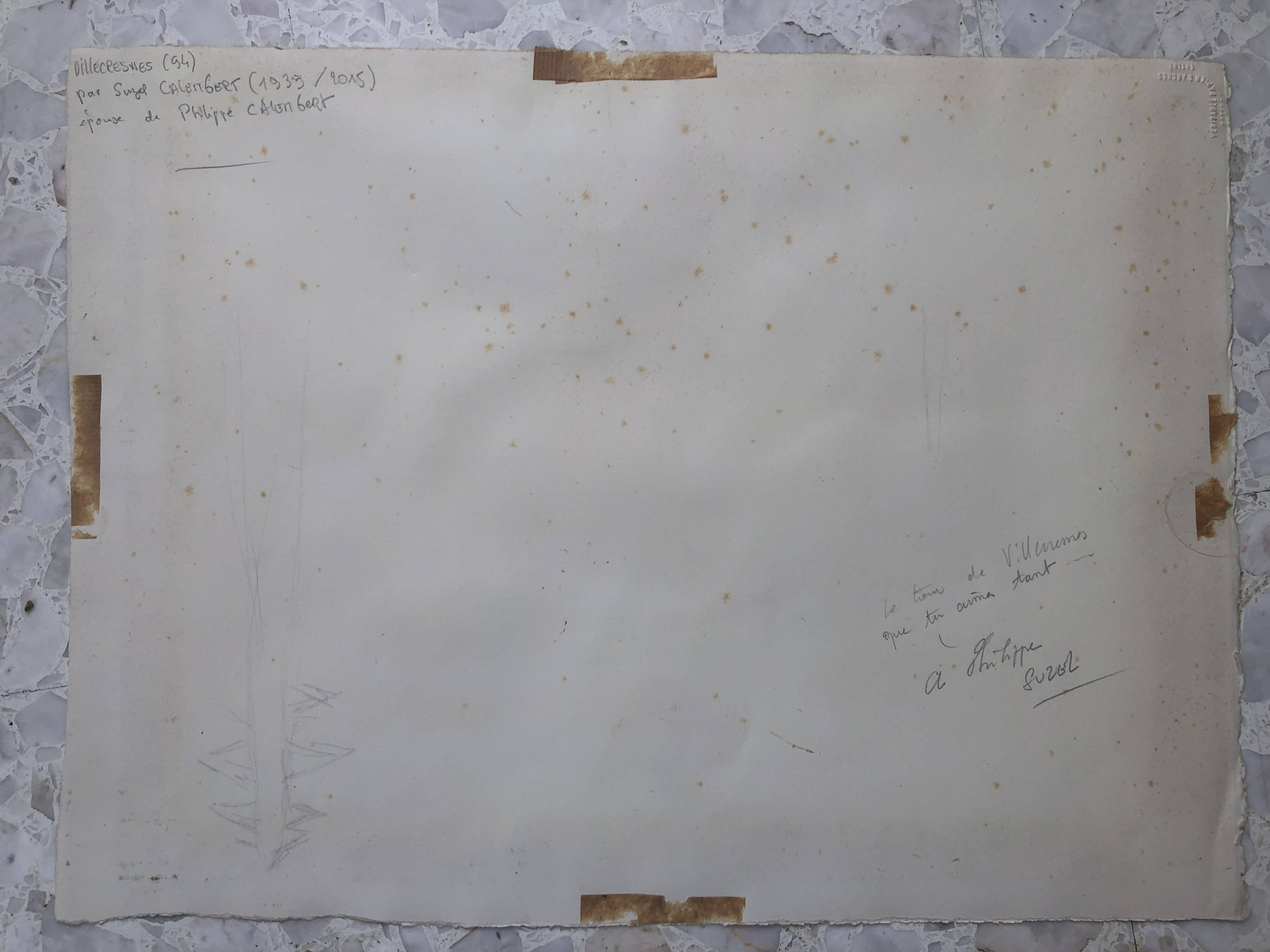 Watercolor & black ink landscape of villecresnes 94 val de marne, pylons, signed suzel calembert