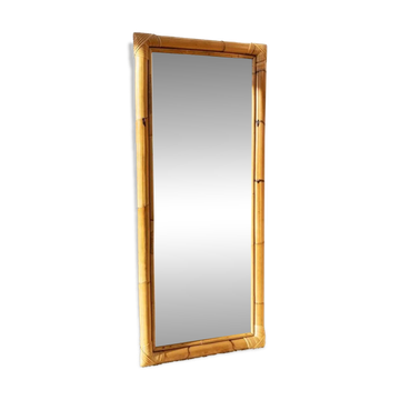 Miroir mural en bois de bambou XL en teinte miel naturel, fabriqué en Italie, vintage des années 1940, style mid-century.
