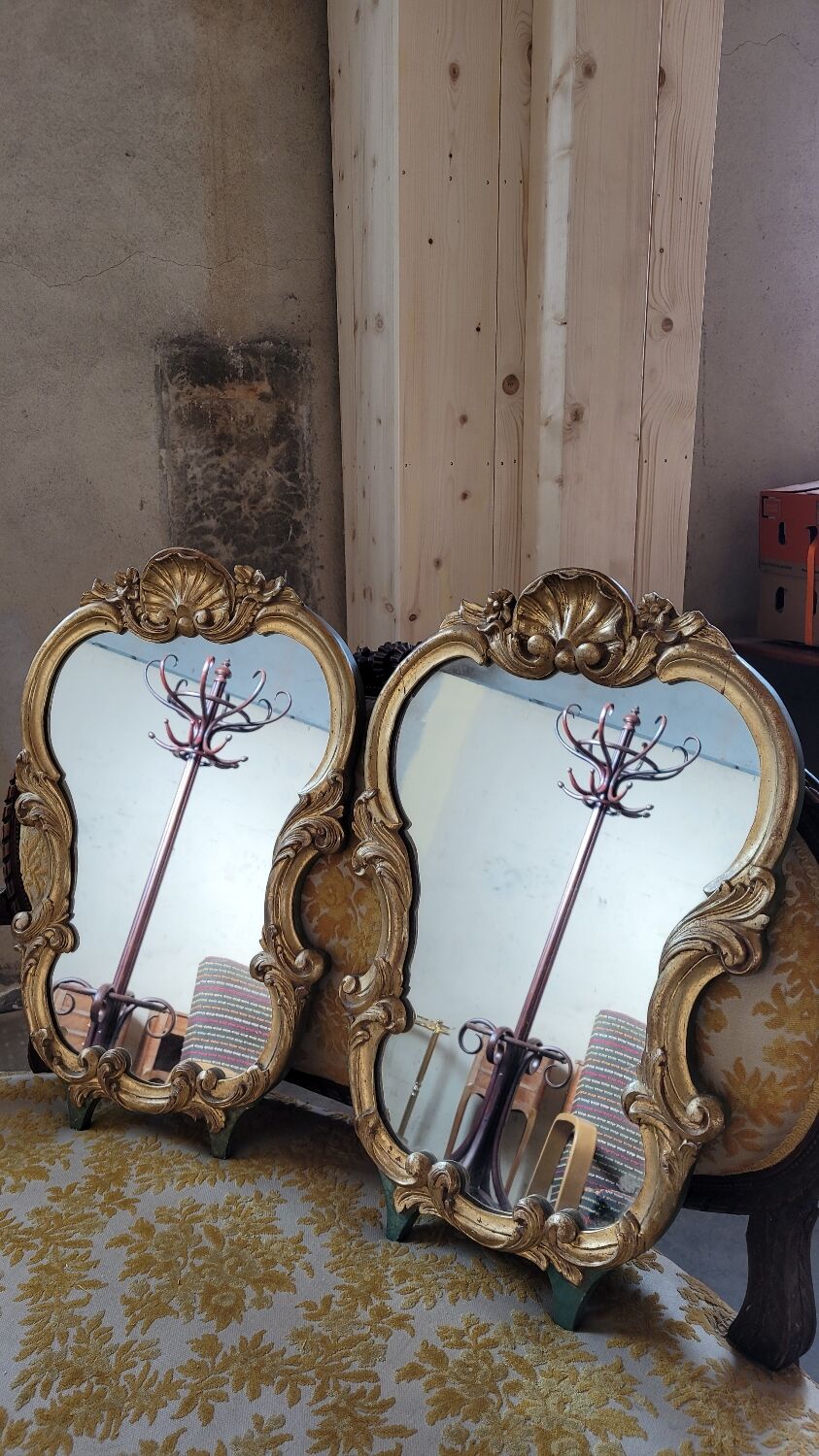 Pair of mirrors style louis xv rocaille in gilded wood carved 1900