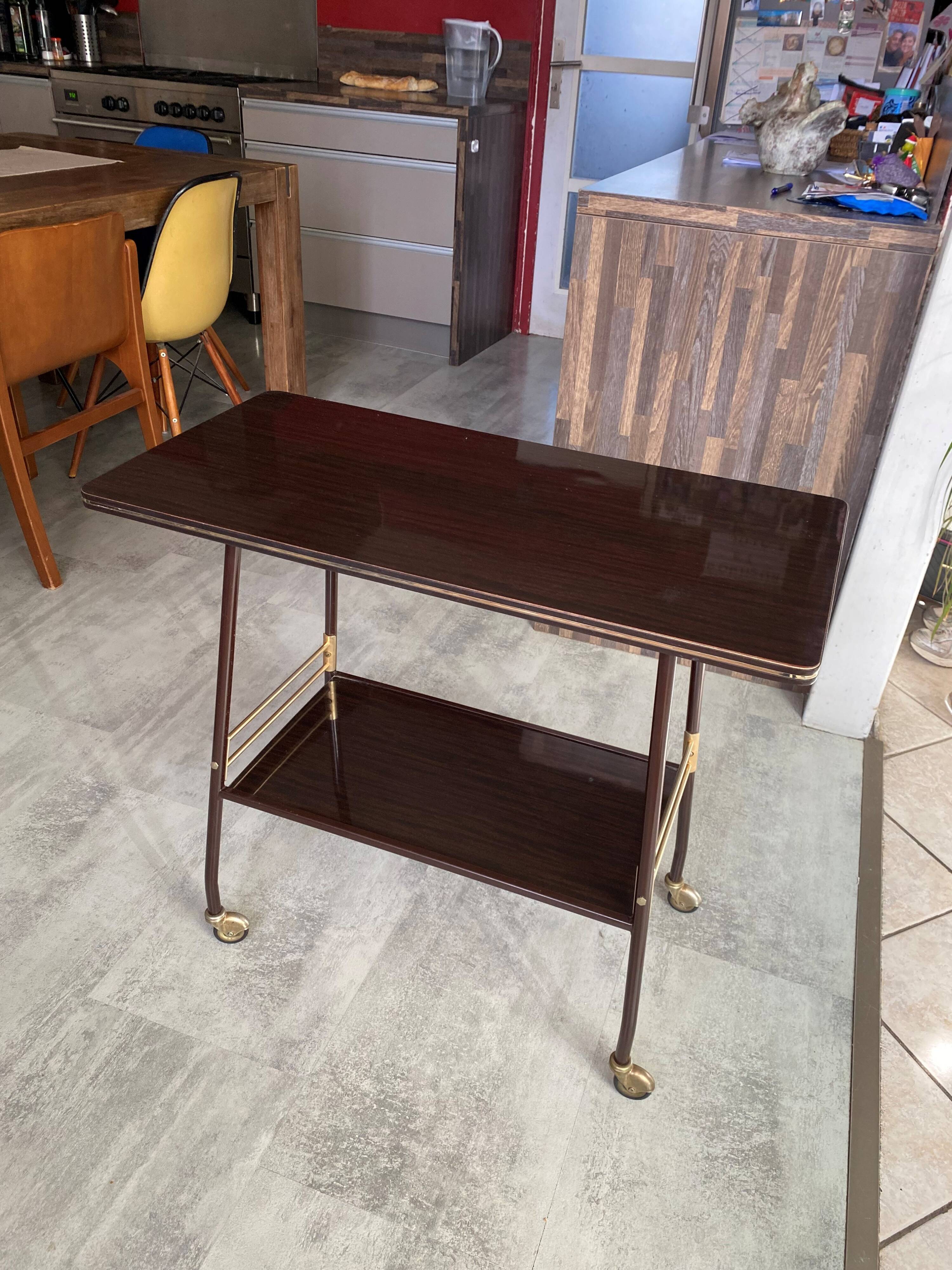 TV stand on casters, 2 brown Formica shelves, 1960s