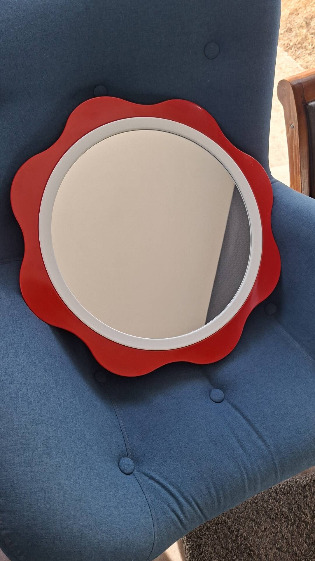 Round wall mirror 53 cm red/white vintage 1960s/70s