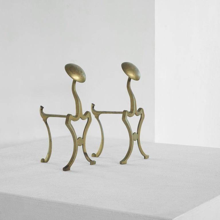 Paire d'Andirons Jugendstil en laiton patiné, style Art nouveau, début 20e siècle