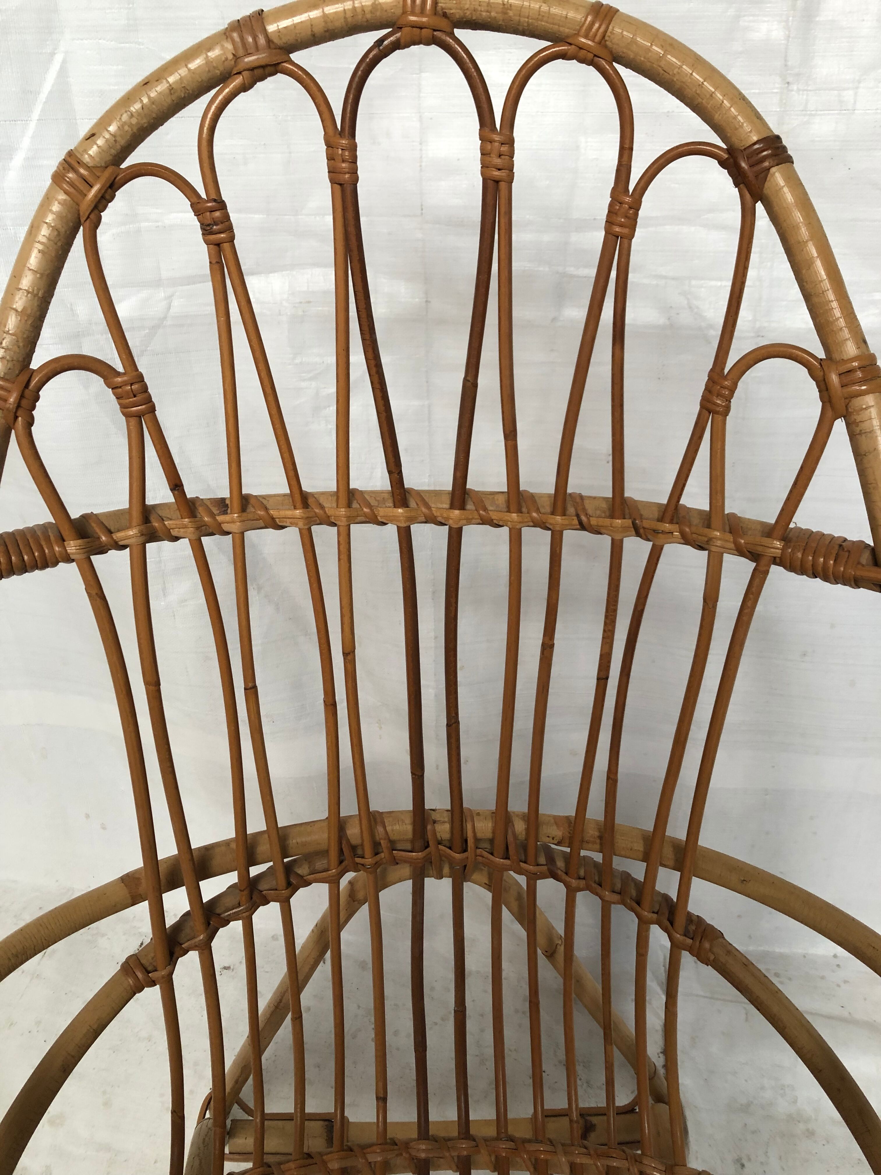 Wicker armchair rattan bamboo 60s large backrest