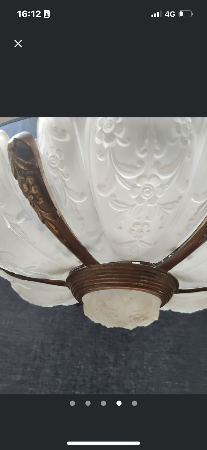 Art Deco chandelier 6 plates pressed glass bronze