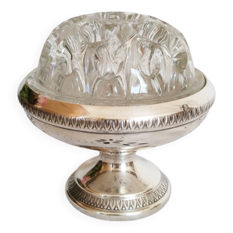 Flower pick with silver-plated metal and glass pedestal, frog