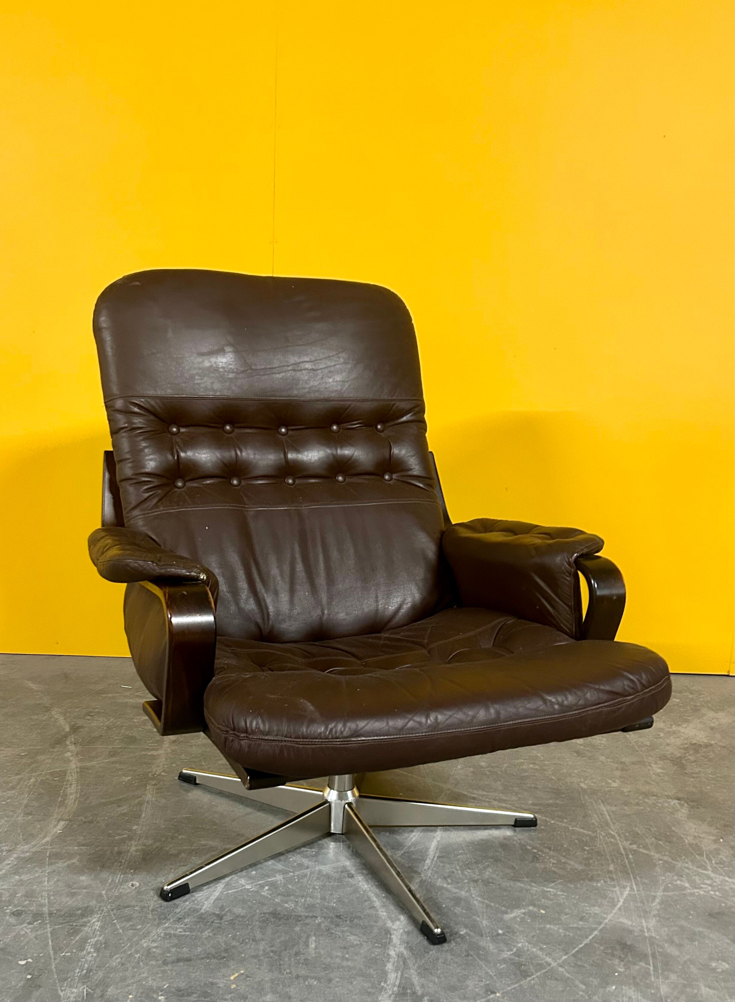 Scandinavian brown leather  swivel chair 1960s