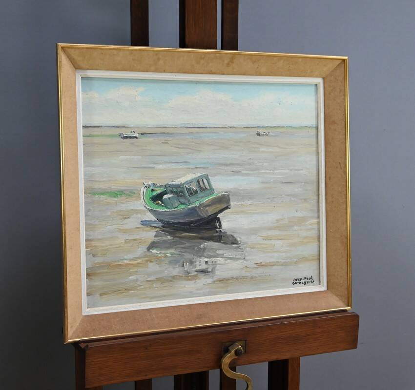 Painting "Boat at Low Tide", signed J-P. Guinegault – 2nd part of the 20th century
