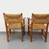 Set of 2 vintage brutalist armchairs in oak wood and straw