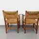 Suite de 2 fauteuils brutalistes vintage en bois de chêne et paille