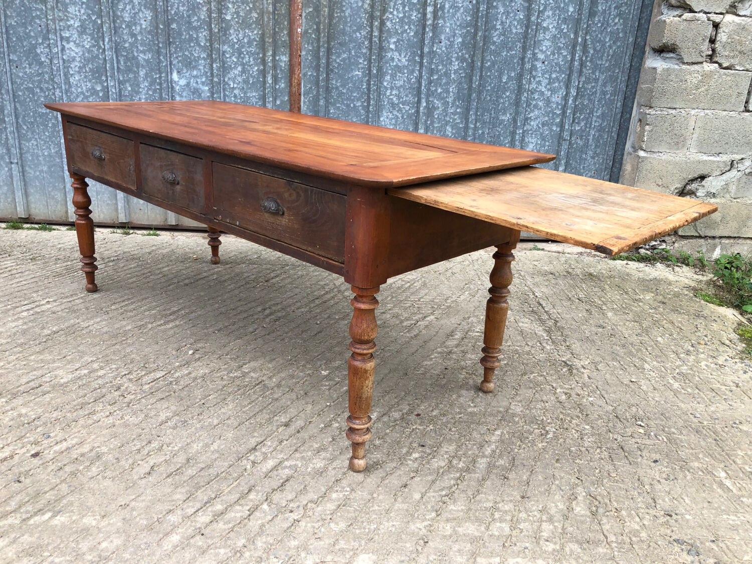 Antique Louis Philippe table in solid cherry and oak with 3 drawers