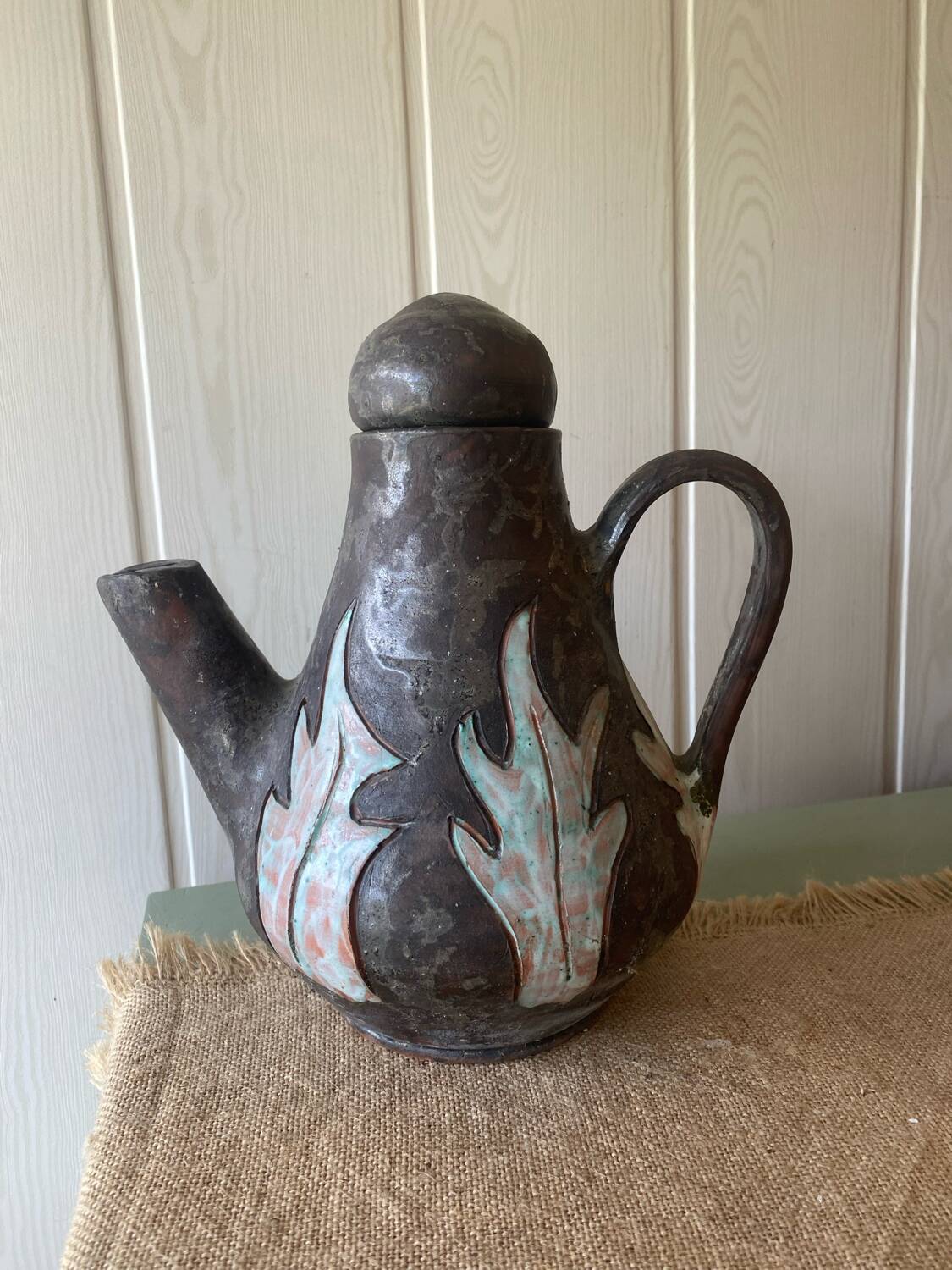 Enamelled terracotta teapot signed Keka