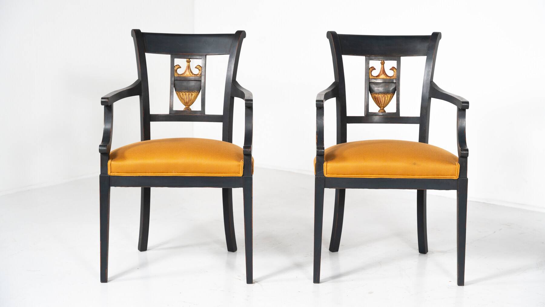 Set of 2 Black and Gold Armchairs and 4 Chairs, Empire style