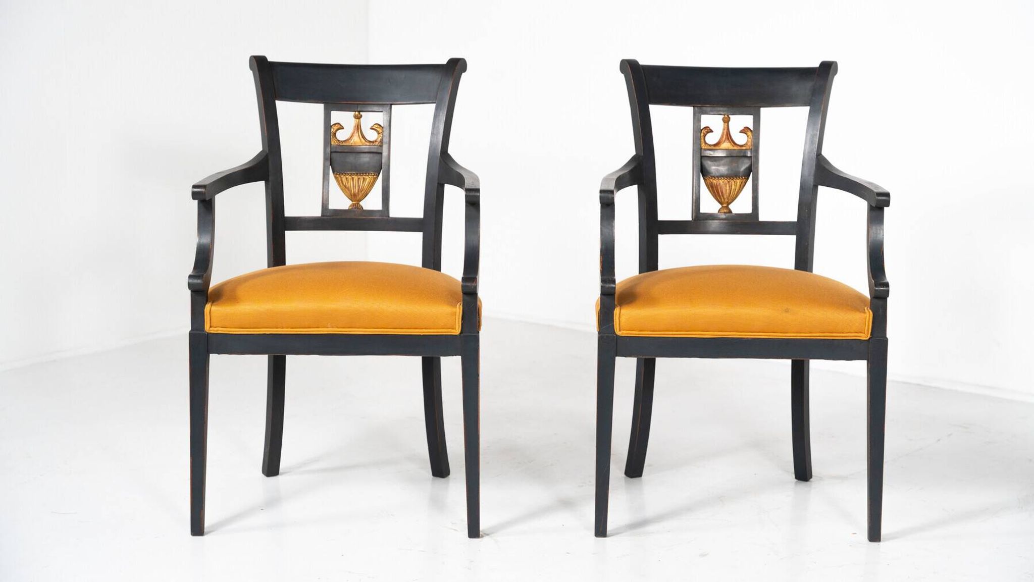 Set of 2 Black and Gold Armchairs and 4 Chairs, Empire style