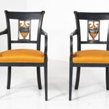Set of 2 Black and Gold Armchairs and 4 Chairs, Empire style