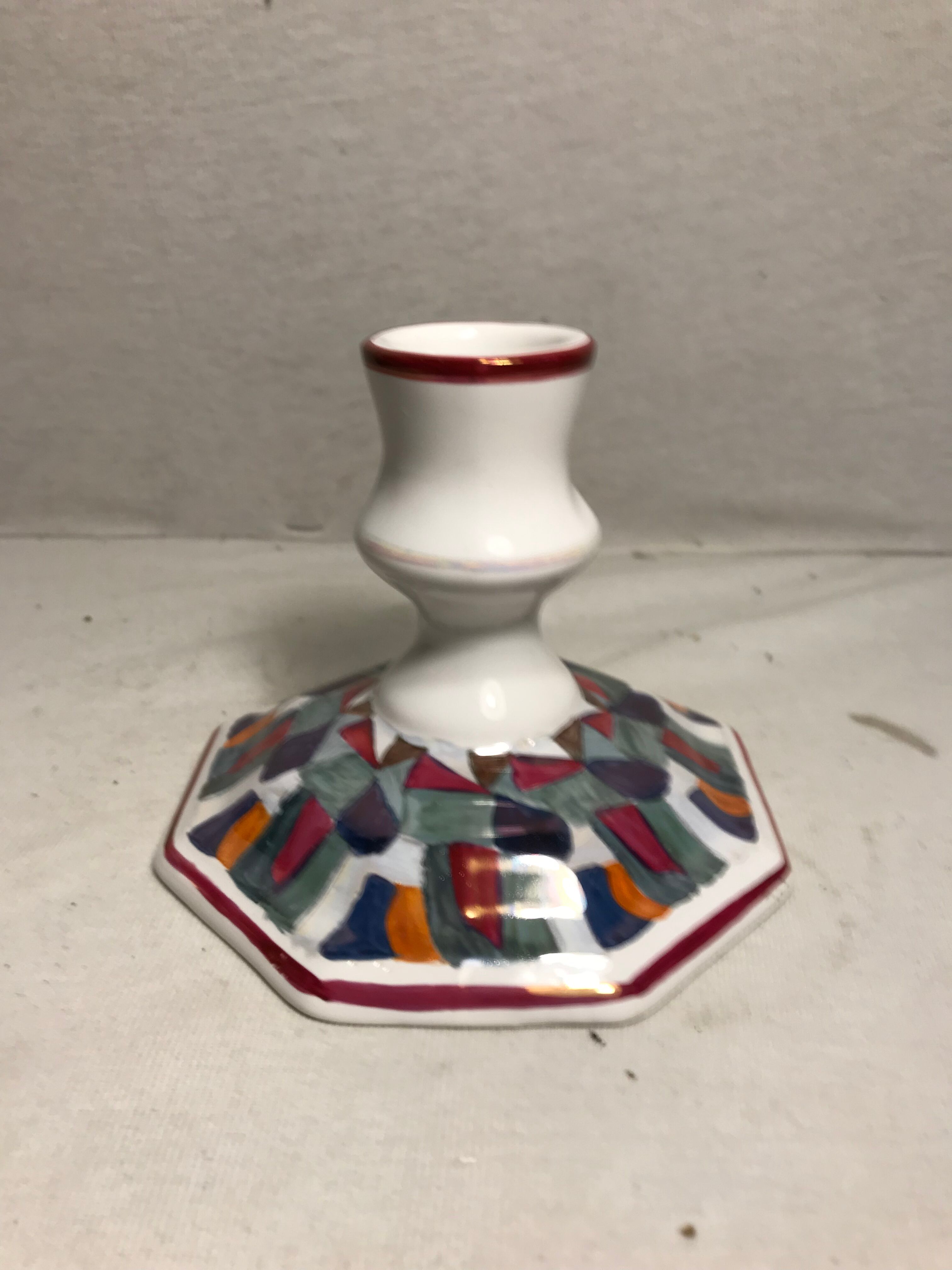 Old candle holder ceramic white + patterns painted colors signed vintage comics