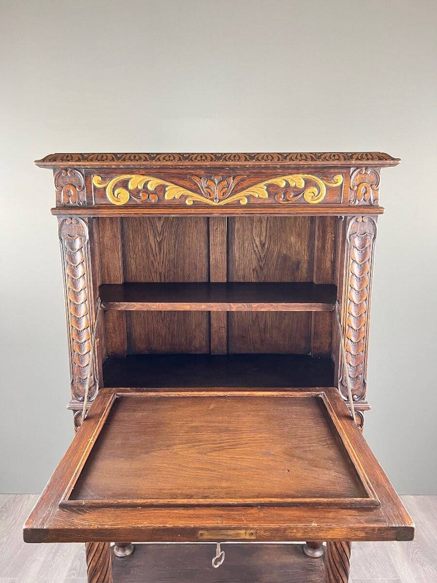 Carved and polychrome wooden secretary, Neo-Renaissance style, 19th century