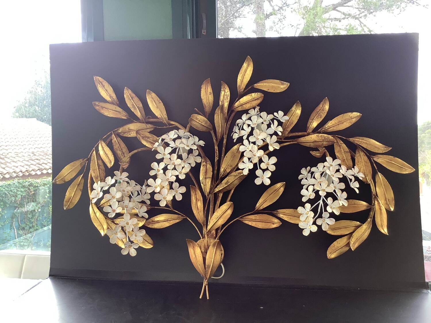 Hans Kogl 2 Vintage Wisteria Floral Wall Sconces with Gold Leaf Finish, 4 Lights