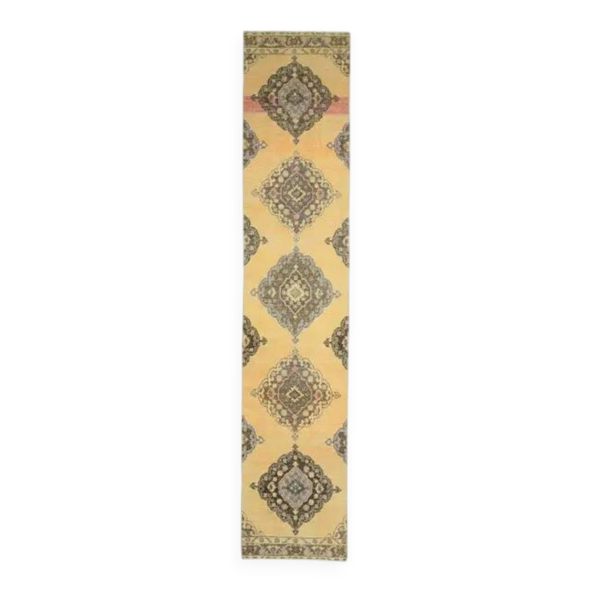 1970s Vintage Turkish Hand-Knotted Wool Cotton Yellow Runner Rug  74x383