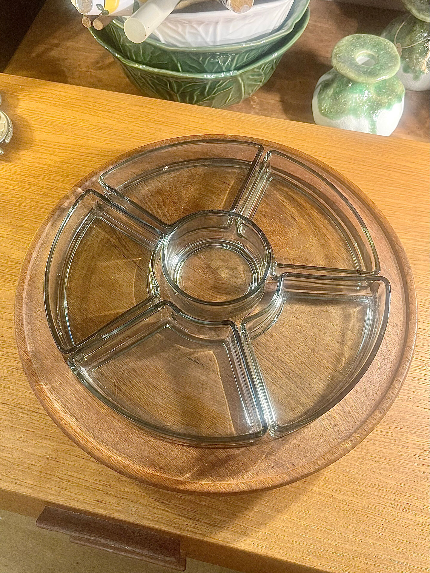 Digsmed vintage teak plateau – rotating Lazy Susan with 6 ramekins – of