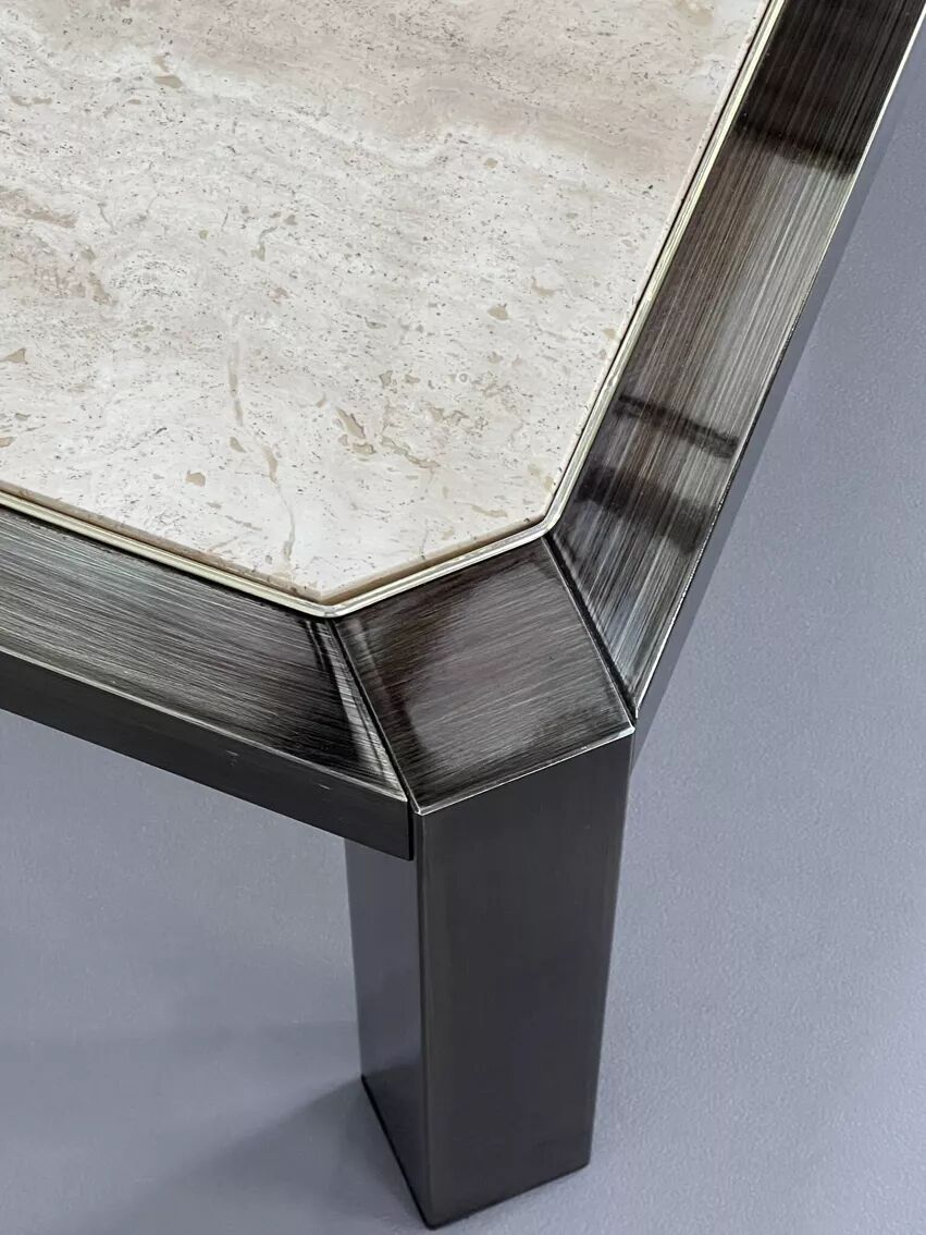 Square coffee table from the 80s in metal and travertine Belgochrome Design.