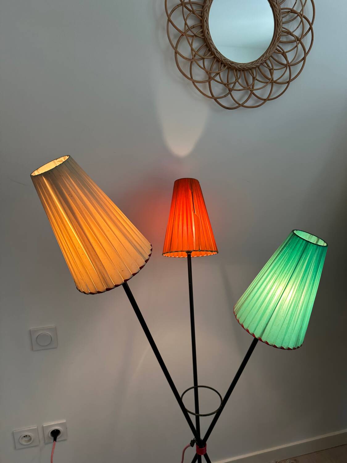 1950s metal tripod floor lamp, completely original