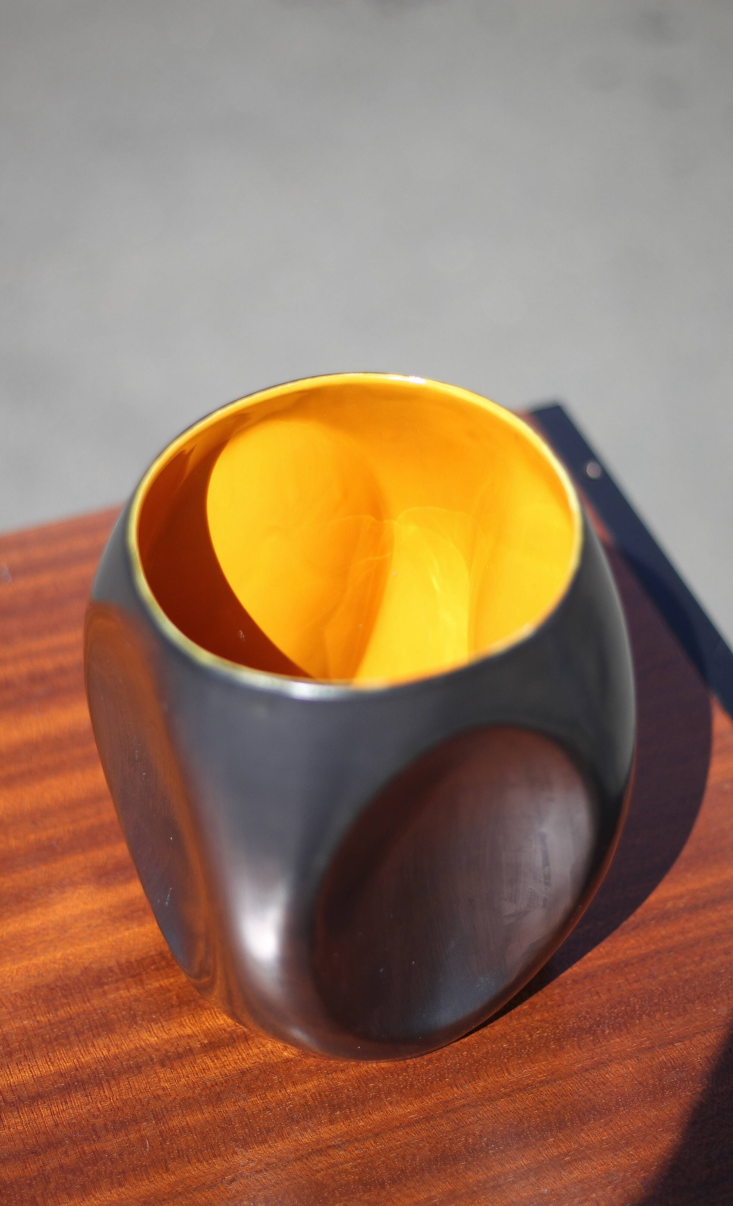 Vallauris modernist cubic vase enamelled black with orange interior, vintage vase, collection, decoration