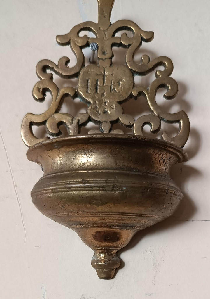 19th century antique holy water font brass bronze IHS