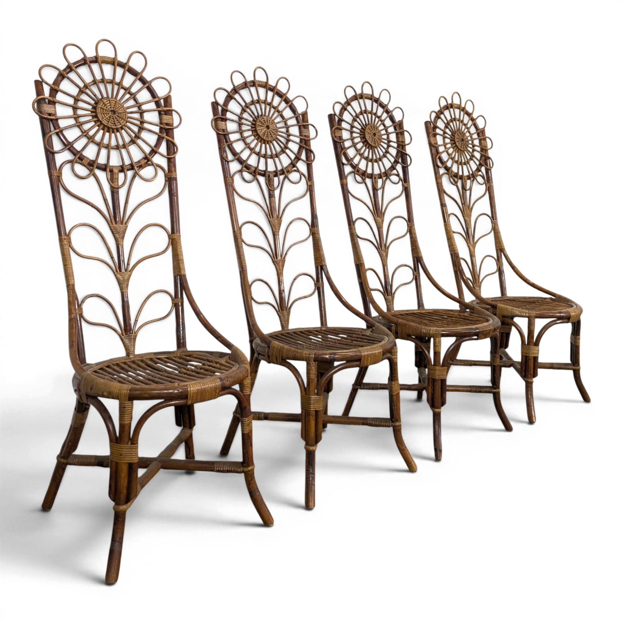 Set of 4 bamboo and rattan chairs with sunflower decoration.