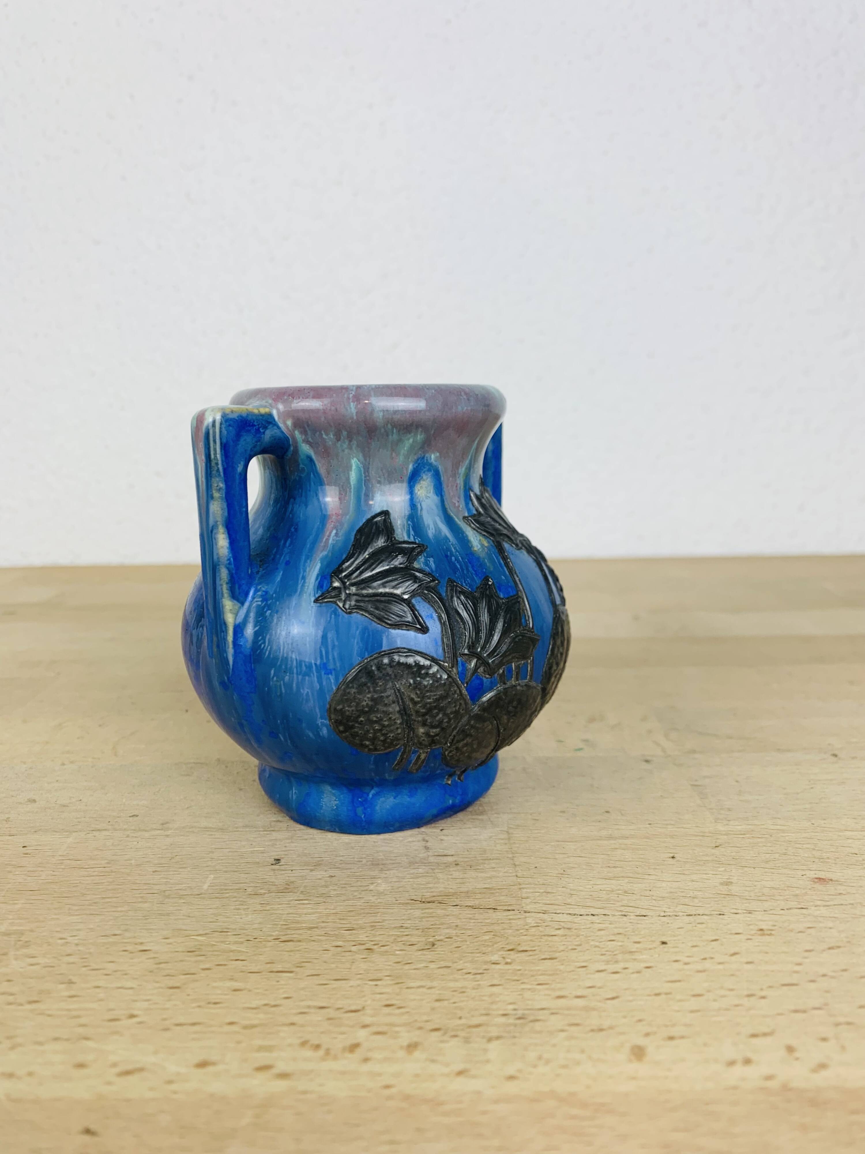 Pierrefonds stoneware art deco vase, tin floral decoration