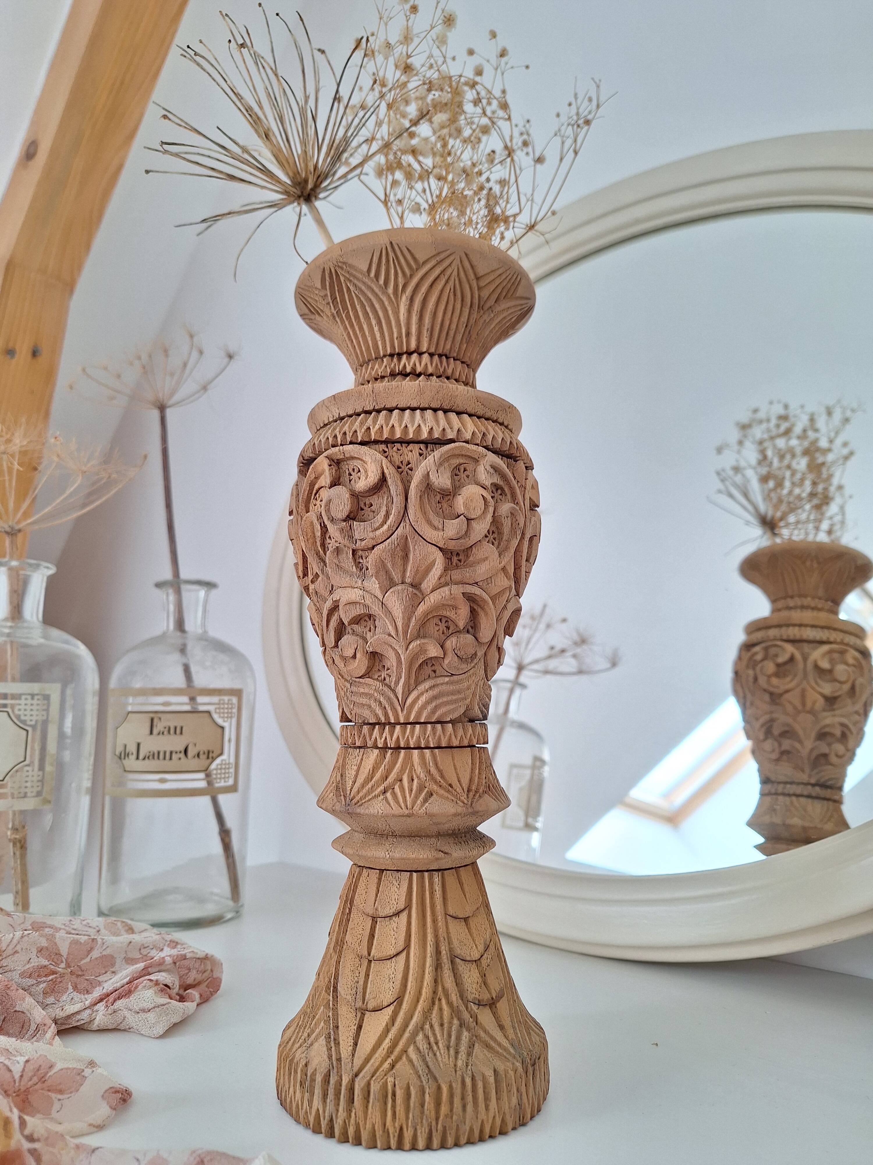Carved solid wood vase