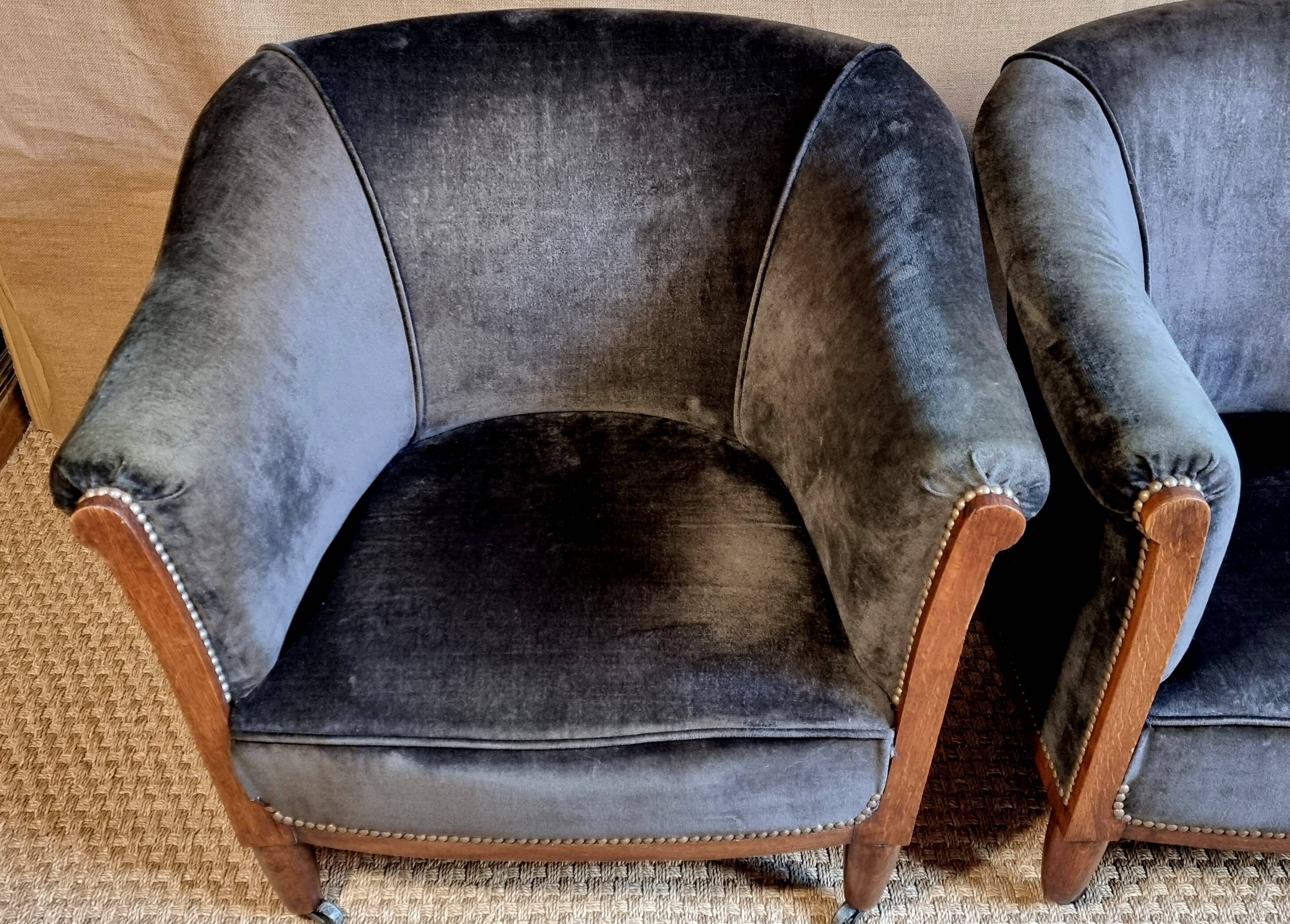 Pair of club armchairs called Monaco, studded velvet, art deco