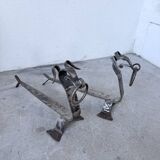 Pair of zoomorphic metal andirons "dogs" 1950