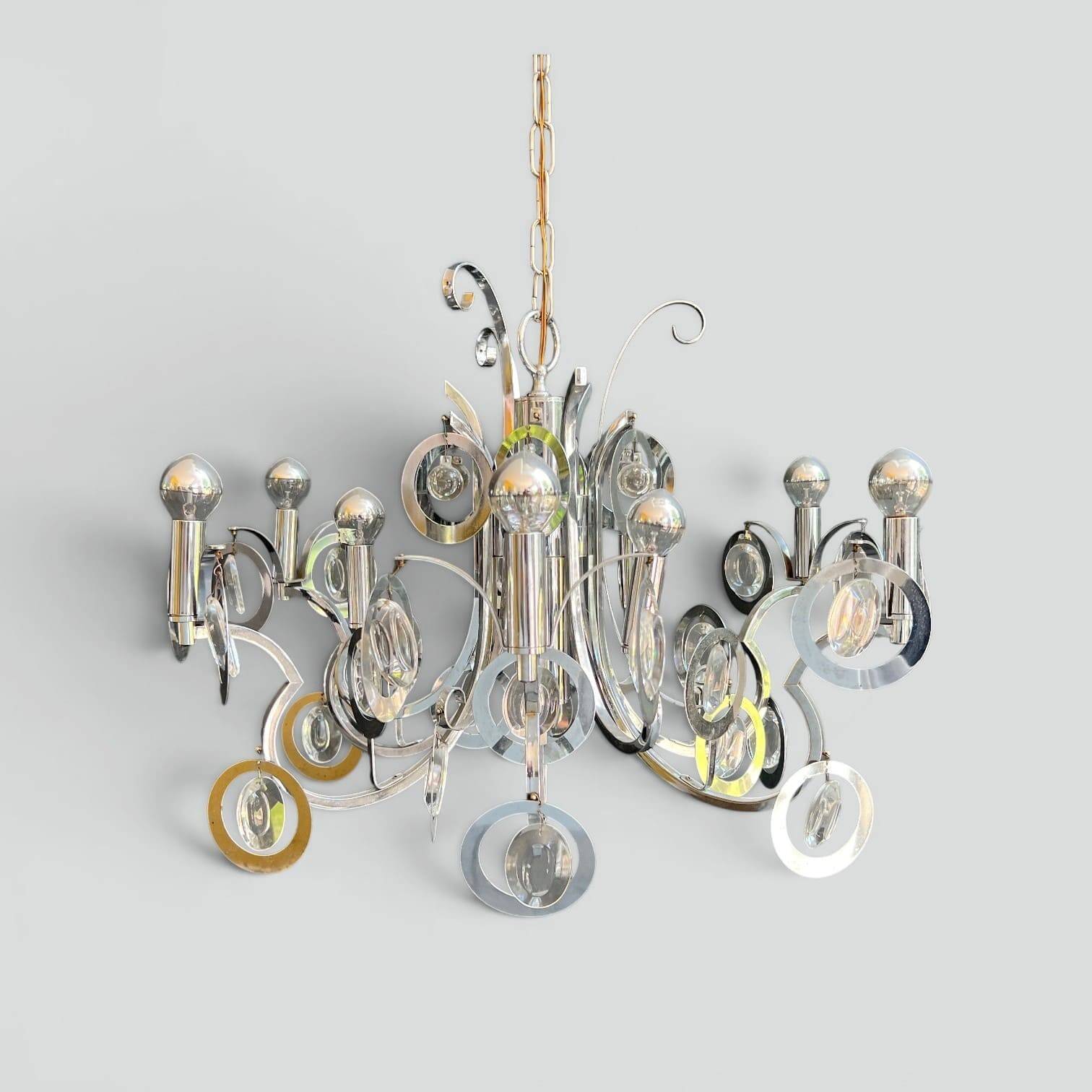Chrome Metal Design with Swirls and Optical Glass Lenses. Tra