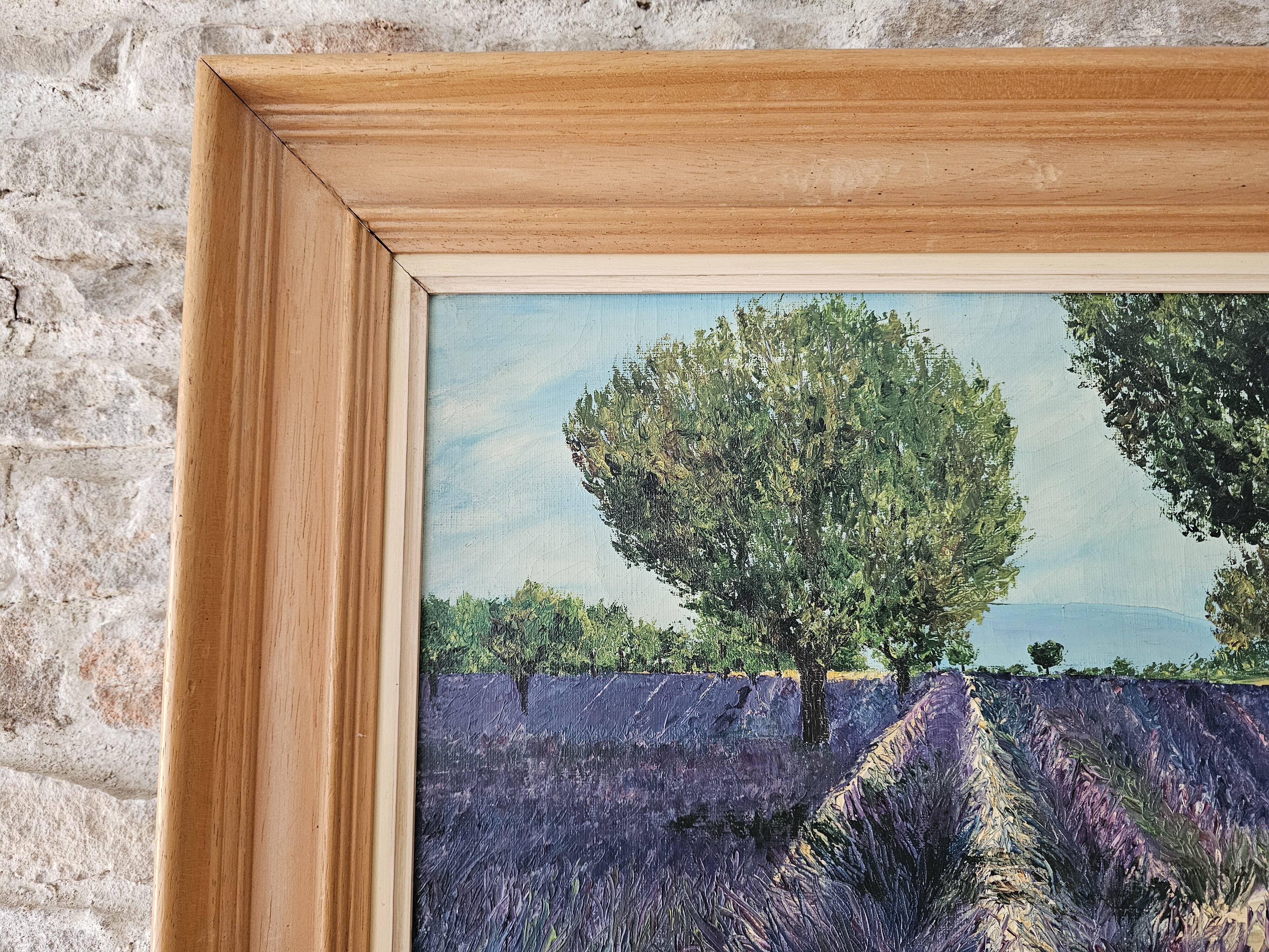 Oil on Canvas Landscape Almond Trees and Lavenders signed Jean Claude Fer