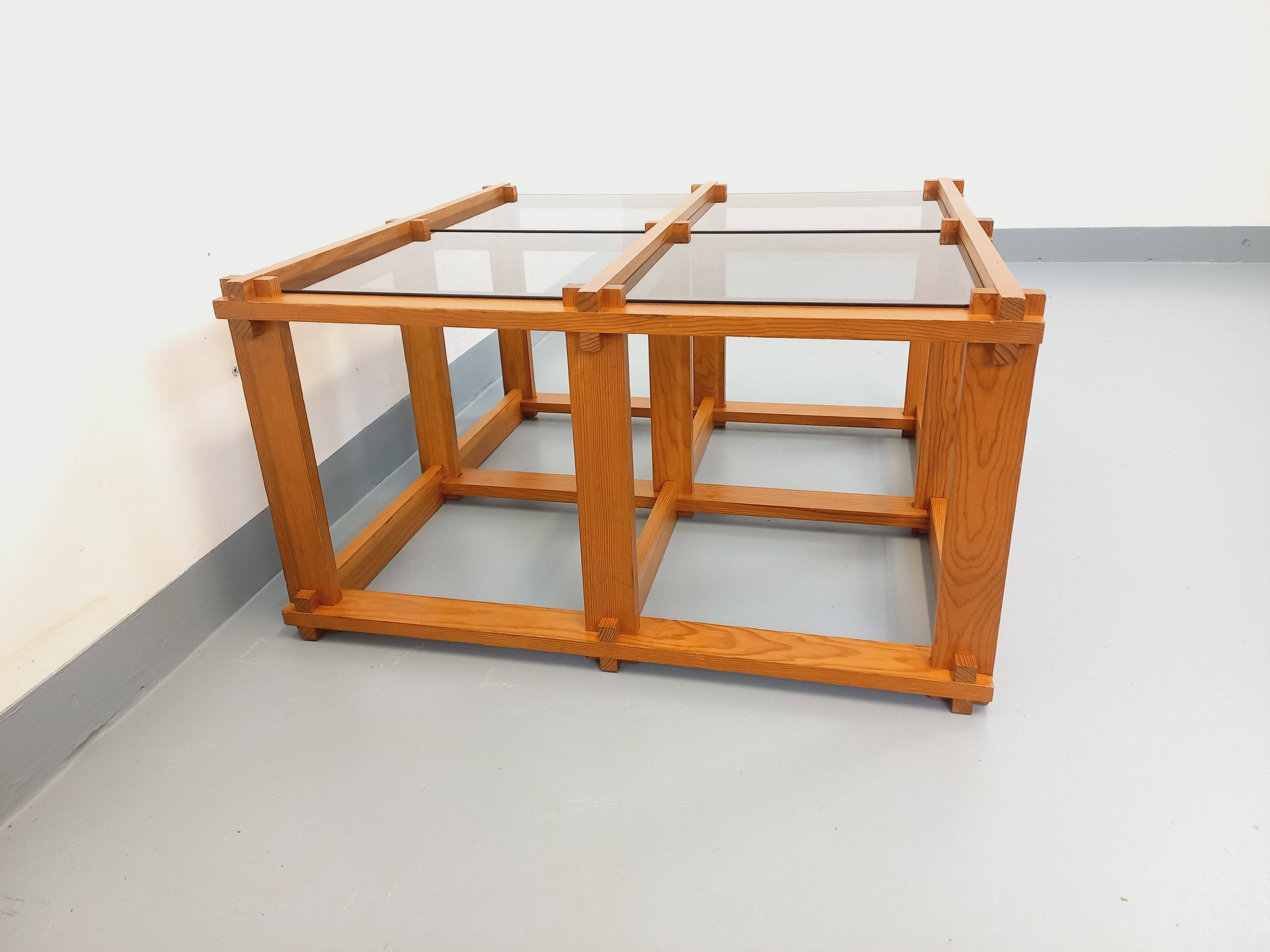 Vintage square coffee table in pine and smoked glass from the 70s and 80s.