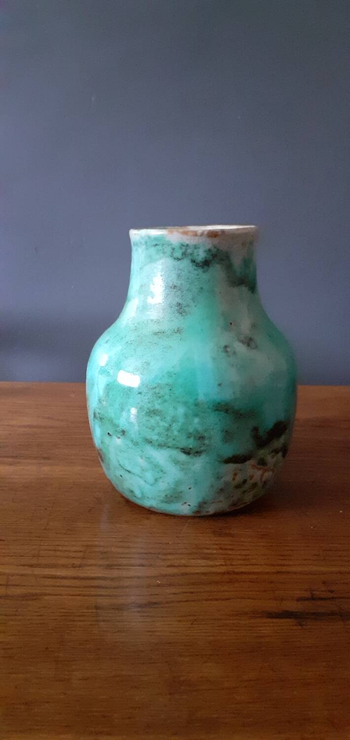 Vase en céramique bleu-vert signé Pierre Lion, année 60