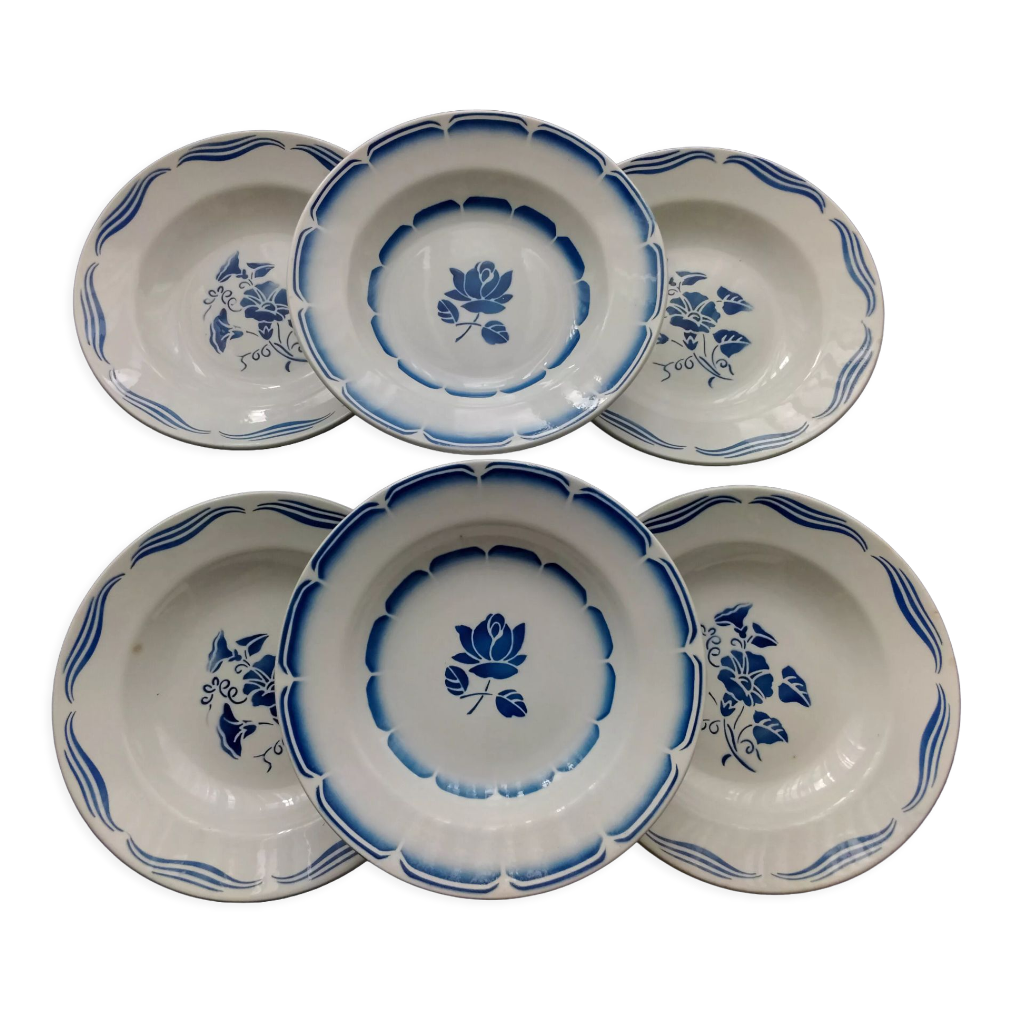 Set of 6 mismatched hollow plates in opaque porcelain from Badonviller