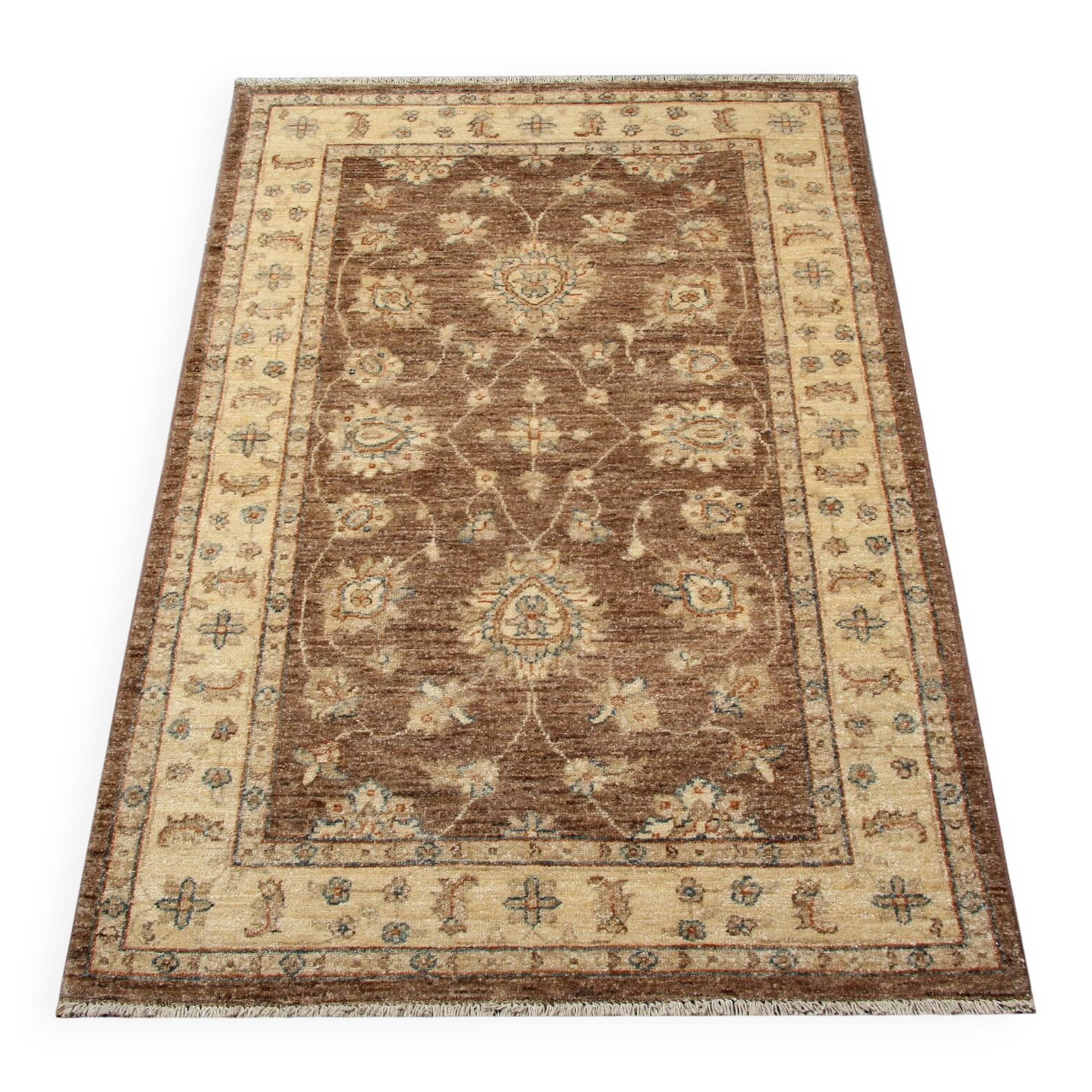 Brown Wool Rug, Handmade Floral Ziegler Carpet 148x96cm Oriental Decor