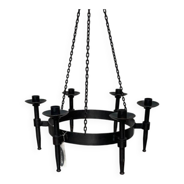 Lustre bougeoirs artisanal brutaliste en fer forgé de Boltze, années 1970