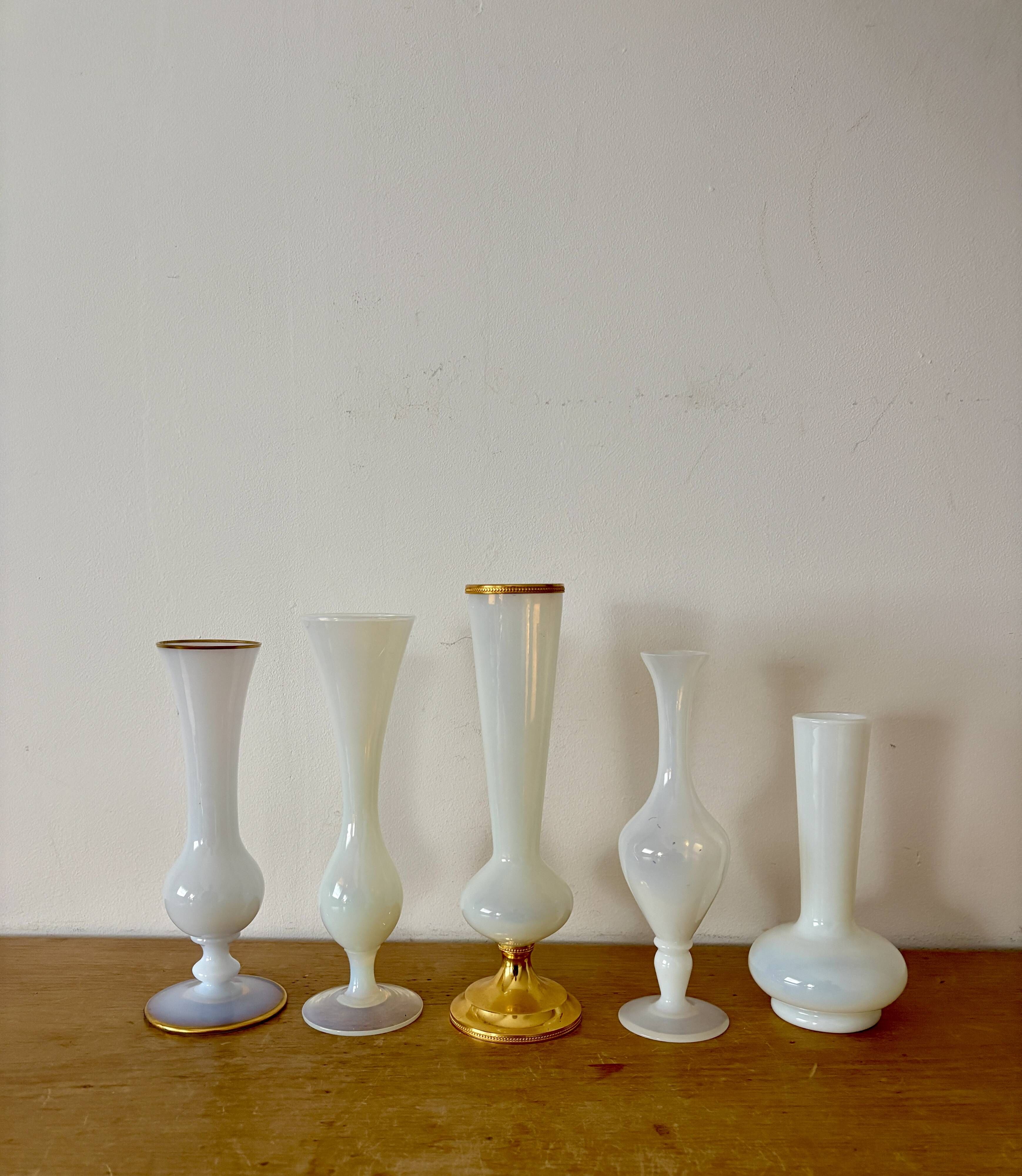 Set of 5 soliflores or antique vases in white opaline and brass.